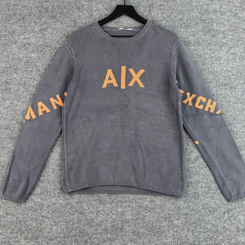 Armani Exchange Sweater Mens S Gray Orange A|X Logo Knit Crewneck Heavy